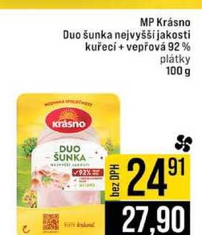 MP Krásno Duo šunka nejvyšší jakosti kuřecí + vepřová 92% plátky 100 g 