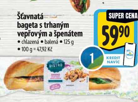 Šťavnatá bageta s trhaným vepřovým a špenátem 125 g