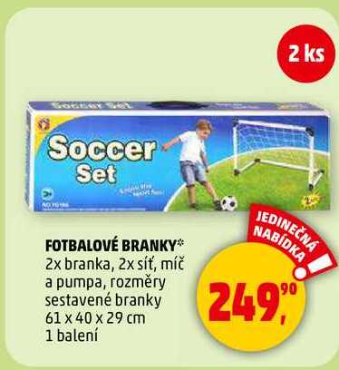 FOTBALOVÉ BRANKY 2x branka, 2x síť, míč a pumpa, rozměry sestavené branky 61 x 40 x 29 cm, 1 balení  
