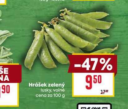 Hrášek zelený lusky, volné cena za 100 g