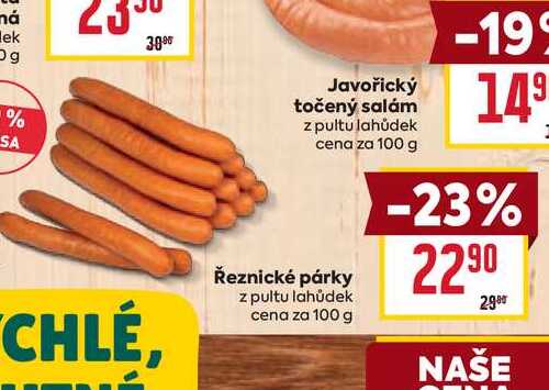 Řeznické párky z pultu lahůdek cena za 100 g