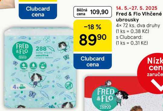 Fred & Flo Vlhčené ubrousky, 4× 72 ks, dva druhy 