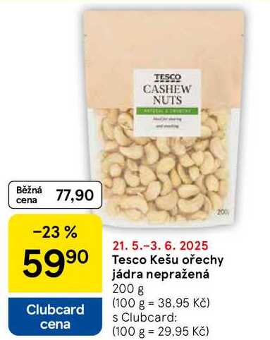 Tesco Kešu ořechy jádra nepražená, 200 g 