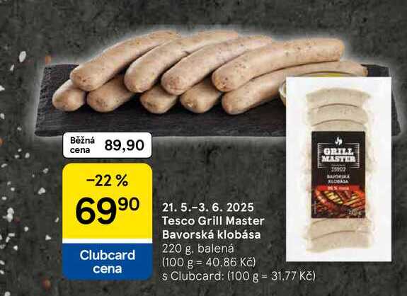 Tesco Grill Master Bavorská klobása, 220 g, balená 