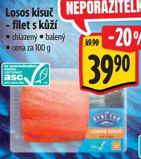 Losos kisuč - filet s kůží, cena za 100 g 