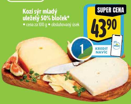 Kozí sýr mladý uleželý 50% bloček, cena za 100 g
