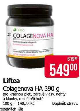 Liftea Colagenova HA 390 g pro krásnou pleť, zdravé vlasy, nehty a klouby, různé příchutě 