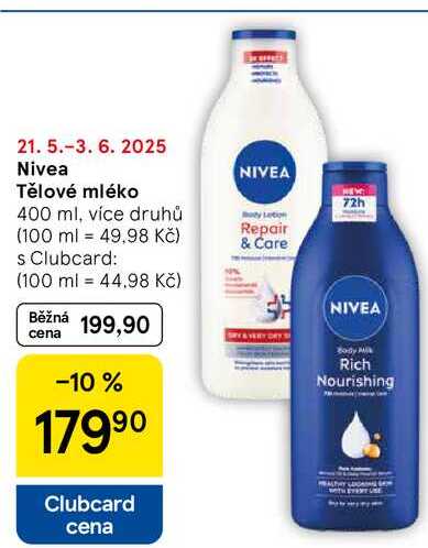 Nivea Tělové mléko 72h, 400 ml, více druhů 