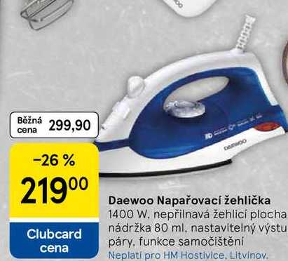 Daewoo Napařovací žehlička 1400 W. nepřilnavá žehlicí plocha nádržka 80 ml