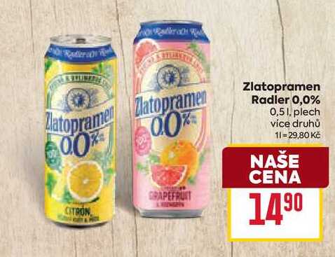Zlatopramen Radler 0,0% 0,51, plech 