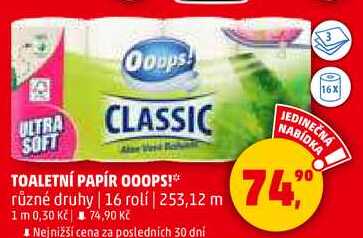TOALETNÍ PAPÍR OOOPS! různé druhy, 16 rolí 