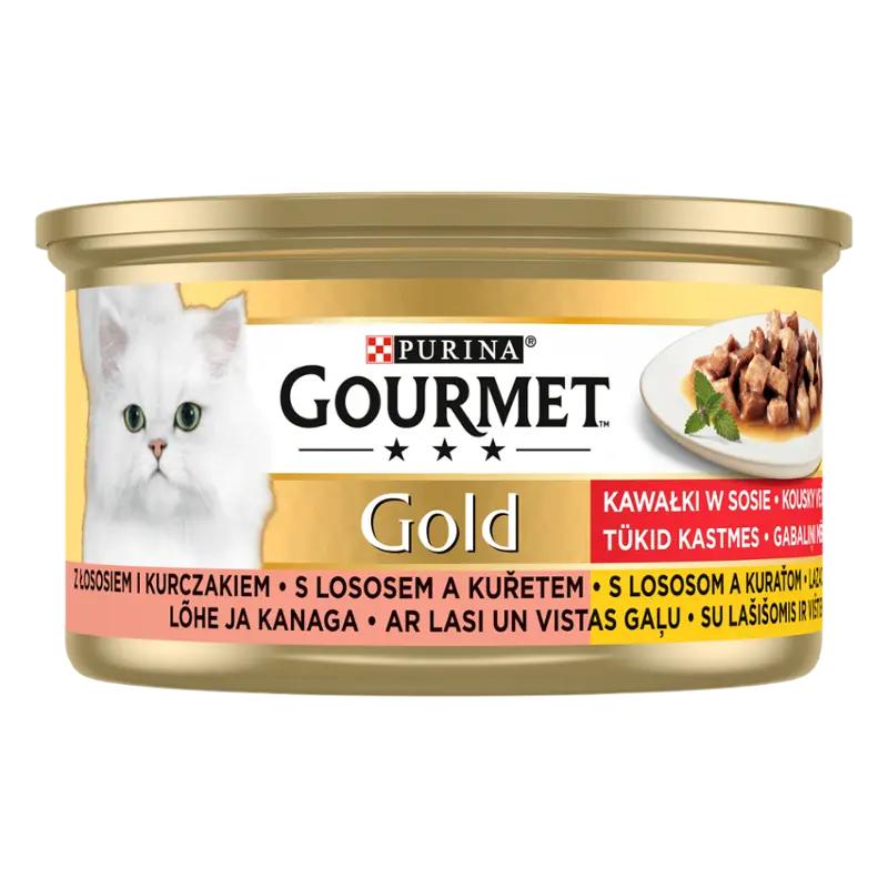 Gourmet Gold Konzerva kousky ve šťávě s lososem a kuřetem, 85 g