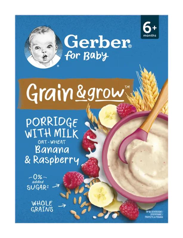 Gerber Mléčná kaše pšenično-ovesná banán a malina, od ukončeného 6. měsíce, 200 g