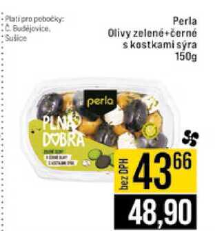 Perla Olivy zelené +černé skostkami sýra 150g 