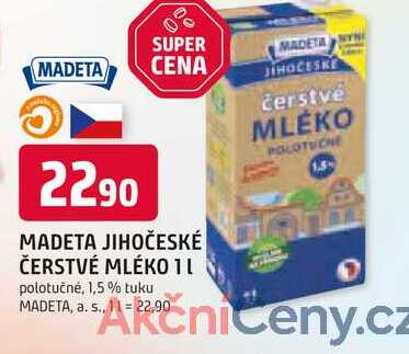 MADETA JIHOČESKÉ ČERSTVÉ MLÉKO 1l polotučné, 1,5% tuku 