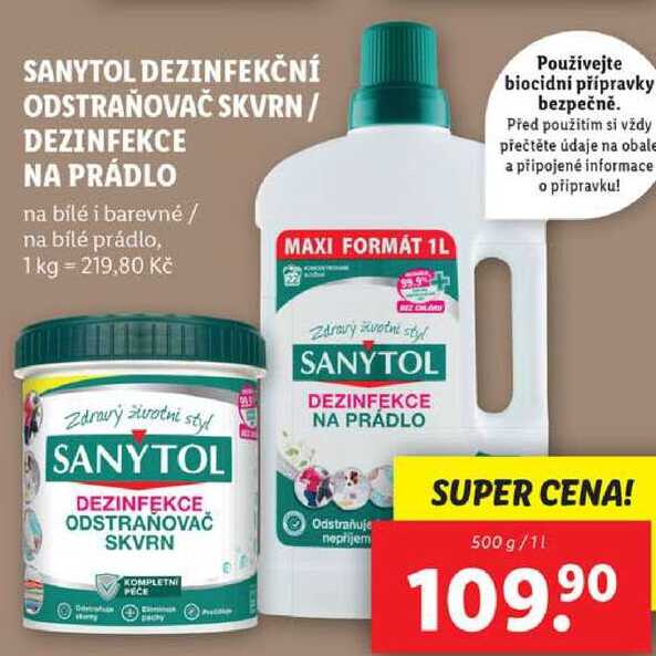 SANYTOL DEZINFEKČNÍ ODSTRAŇOVAČ SKVRN/DEZINFEKCE NA PRÁDLO, 500 g/1 l