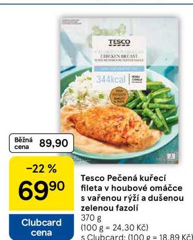 Tesco Pečená kuřecí fileta v houbové omáčce s vařenou rýží a dušenou zelenou fazolí, 370 g 