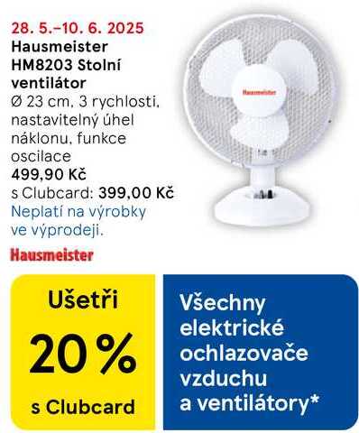 Hausmeister HM8203 Stolní ventilátor, Ø 23 cm, 3 rychlosti. nastavitelný úhel náklonu, funkce oscilace  