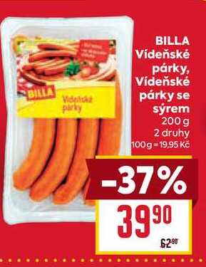 BILLA Vídeňské párky, Vídeňské párky se sýrem 200g