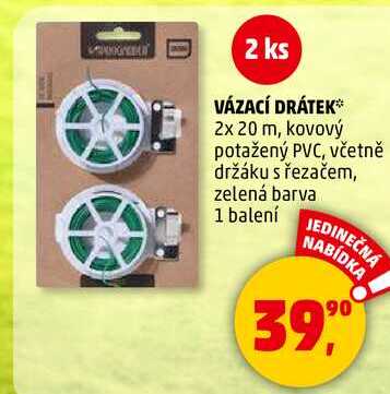 VÁZACÍ DRÁTEK, 2x 20 m, kovový potažený PVC, včetně držáku s řezačem, zelená barva, 1 balení  