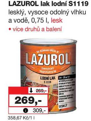 LAZUROL lak lodní S1119 lesklý, vysoce odolný vlhku a vodě, 0,75l