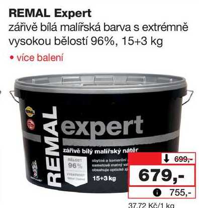 REMAL Expert zářivě bílá malířská barva s extrémně vysokou bělostí 96%, 15+3 kg