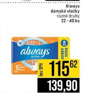 Always dámské vložky různé druhy 22-40 ks