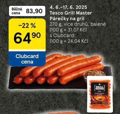 Tesco Grill Master Párečky na gril, 270 g, více druhů