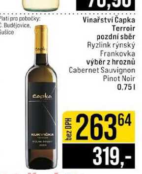 Vinařství Čapka Terroir pozdní sběr Ryzlink rýnský Frankovka výběr z hroznů Cabernet Sauvignon Pinot Noir 0.75l