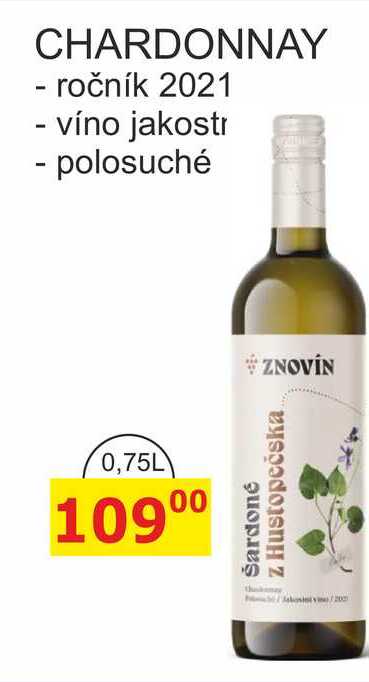 ZNOVÍN CHARDONNAY - ročník 2021 0,75l