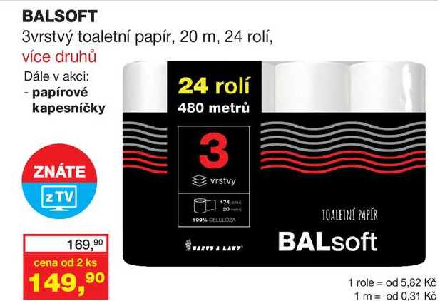 BALSOFT 3vrstvý toaletní papír, 20 m, 24 rolí, více druhů