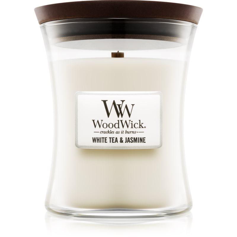 Woodwick White Tea & Jasmine vonná svíčka s dřevěným knotem 275 g