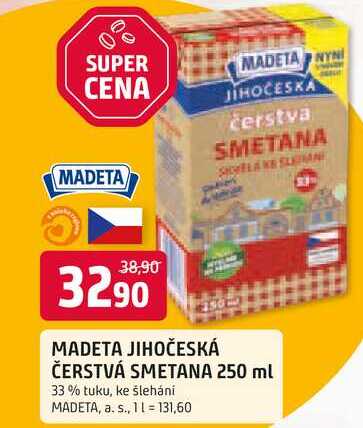 MADETA JIHOČESKÁ ČERSTVÁ SMETANA 250 ml 33% tuku, ke šlehání 