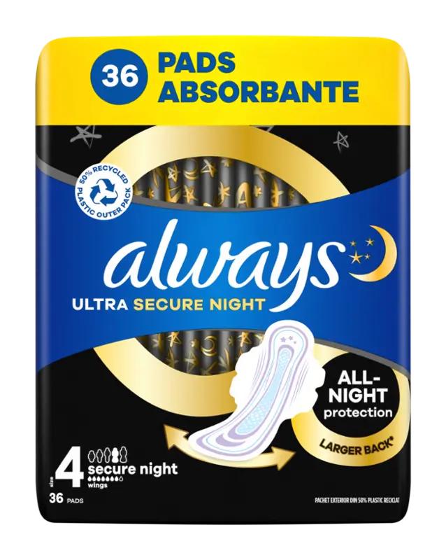 Always Dámské vložky s křidélky Ultra Secure Night, vel. 4, 36 ks
