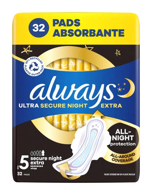 Always Dámské vložky Ultra Secure Night Extra s křidélky, vel. 5, 32 ks