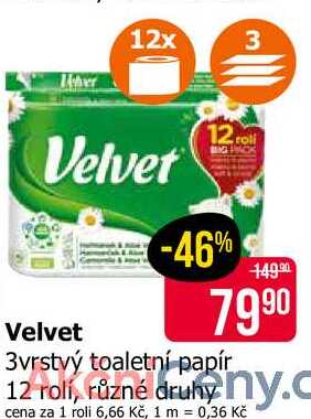 Velvet 3vrstvý toaletní papír 12 rolí, různé druhy 