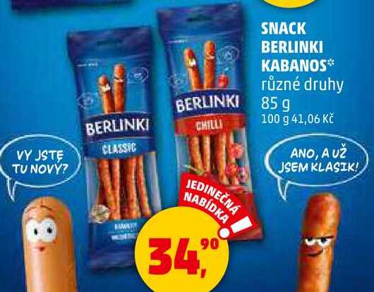 SNACK BERLINKI KABANOS různé druhy, 85 g