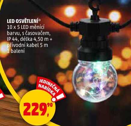 LED OSVĚTLENÍ, 10 x 5 LED měnící barvu, s časovačem, IP 44, délka 4,50 m + přívodní kabel 5 m, 1 balení 