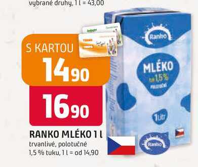 RANKO MLÉKO 1l trvanlivé, polotučné 1,5% tuku