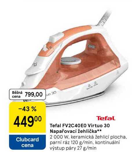 Tefal FV2C40EO Virtuo 30 Napařovací žehlička, 2000 W, keramická žehlicí plocha, parní ráz 120 g/min, kontinuální výstup páry 27 g/min 