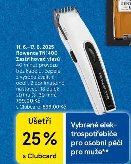 Rowenta TN1400 Zastřihovač vlasů, 40 minut provozu bez kabelu, čepele z vysoce kvalitní oceli, 2 odnímatelné nástavce, 18 délek střihu (3-30 mm) 