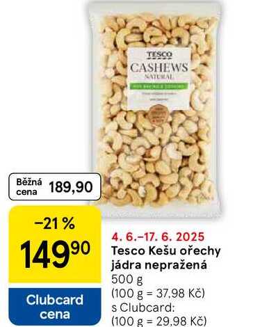 Tesco Kešu ořechy jádra nepražená, 500 g 