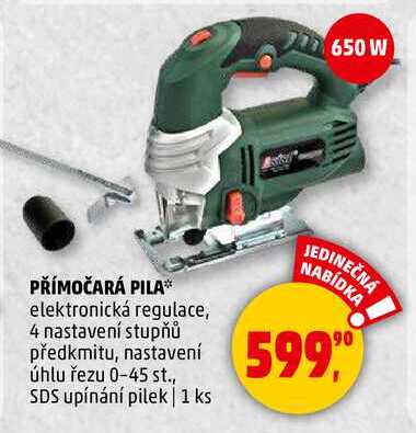 PŘÍMOČARÁ PILA elektronická regulace, 4 nastavení stupňů předkmitu, nastavení úhlu řezu 0-45 st., SDS upínání pilek, 1 ks 