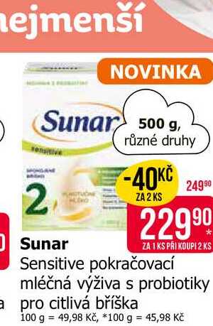 Sunar Sensitive pokračovací mléčná výživa s probiotiky a pro citlivá bříška 500 g 
