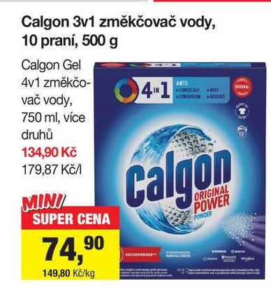 Calgon 3v1 změkčovač vody, 10 praní, 500 g  