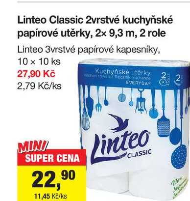 Linteo Classic 2vrstvé kuchyňské papírové utěrky, 2x 9,3 m, 2 role 