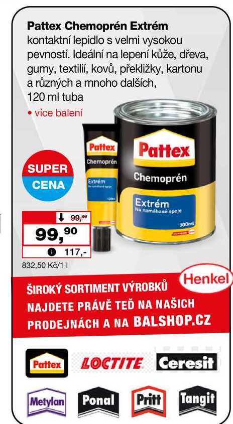 Pattex Chemoprén Extrém kontaktní lepidlo s velmi vysokou pevností. Ideální na lepení kůže, dřeva, gumy, textilií, kovů, překližky, kartonu a různých a mnoho dalších, 120 ml tuba 