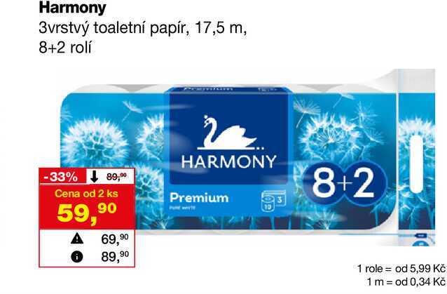 Harmony 3vrstvý toaletní papír, 17,5 m, 8+2 rolí
