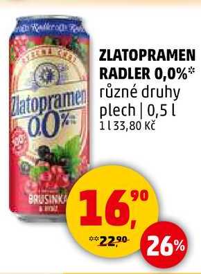 ZLATOPRAMEN RADLER 0,0% různé druhy plech, 0,5 l  