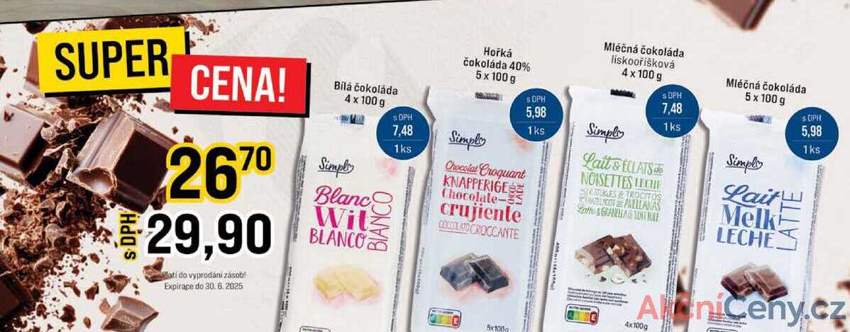 Bílá čokoláda 4 x 100 g Hořká čokoláda 40% 5 x 100 g Mléčná čokoláda liskooříšková 4x100 g Mléčná čokoláda 5 x 100 g